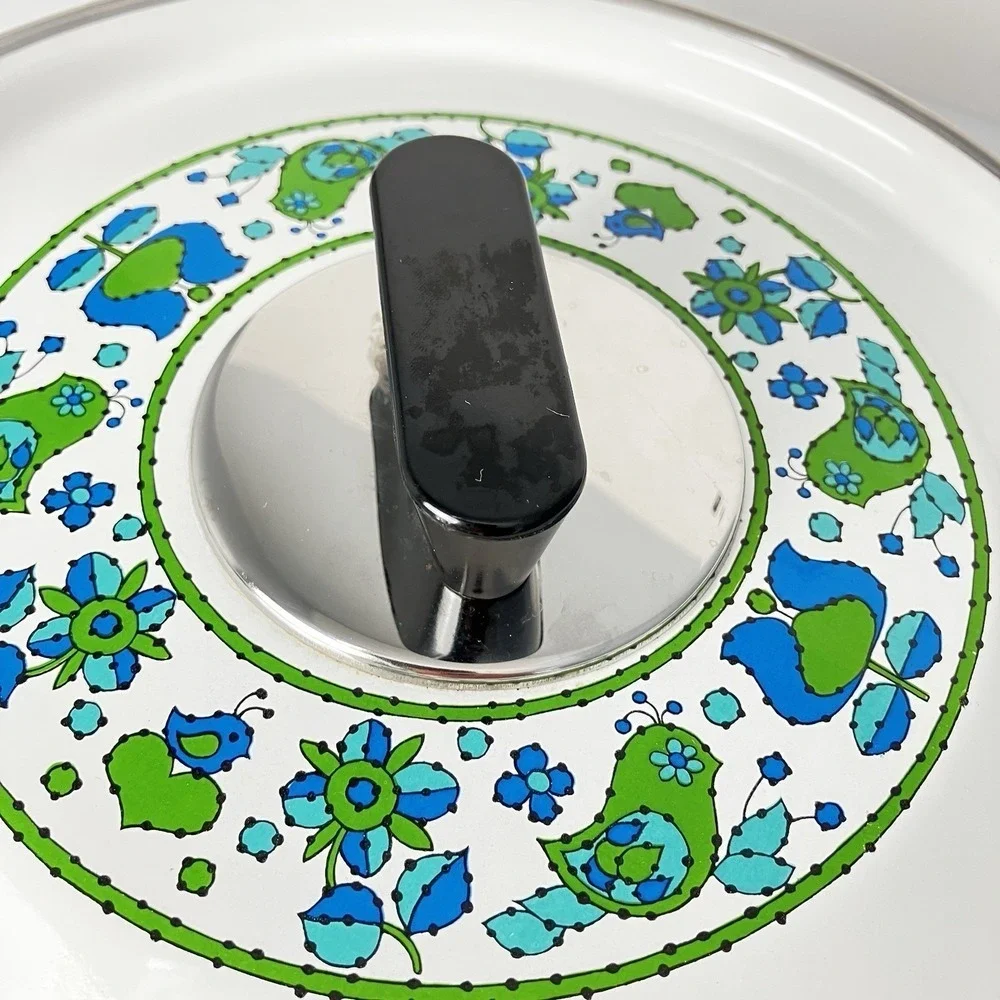 Vintage Fancipans Enamel Saucepan Lid Green Blue Bird Folk Art 1970s Retro Kitch